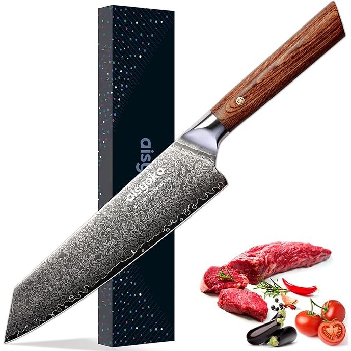 The Damascus knife from Aisyoko is a top-tier gift option boasting a unique natural casting texture and razor-sharp V-shaped edges that can be honed to a precise 10-15° on each side. Featuring a VG10 super steel cutting core, this knife is tough and incredibly sharp, making it ideal for effortless cutting through a variety of ingredients.