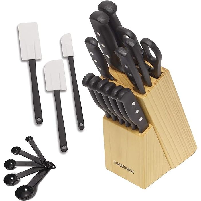 Discover the ultimate kitchen companion with the Farberware 22-Piece Never Needs Sharpening Triple Rivet High-Carbon Stainless Steel Knife Block and Kitchen Tool Set in elegant black. Crafted from high-carbon stainless steel, these knives are as durable as they are resistant to rust and corrosion.