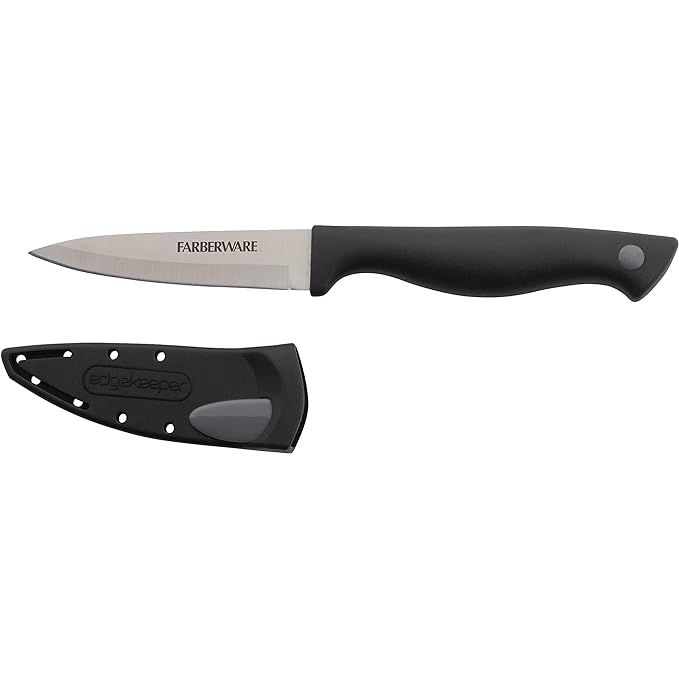 The Farberware Edgekeeper 3.5-Inch Paring Knife is a kitchen essential made from high carbon-stainless steel, known for its durability and sharpness. Its self-sharpening blade cover ensures a razor-sharp edge for effortless cutting and slicing.