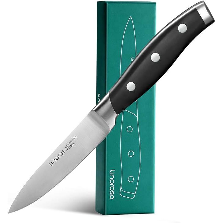 Experience the precision and quality of the Linoroso Paring Knife, a 3.5 inch kitchen essential crafted for intricate cutting tasks. Made from high-grade German carbon stainless steel, this knife is not only sharp and durable but also ensures long-lasting performance in the kitchen.