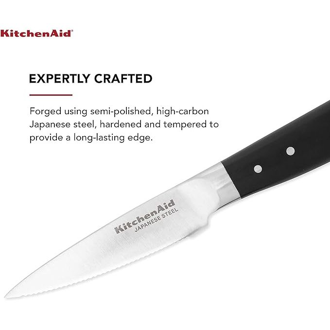 The KitchenAid Gourmet Forged Triple Rivet Serrated Paring Knife is a must-have tool for any kitchen. With its 3.5-inch high-carbon Japanese stainless steel blade, this knife is perfect for precise tasks like peeling, mincing, and slicing.