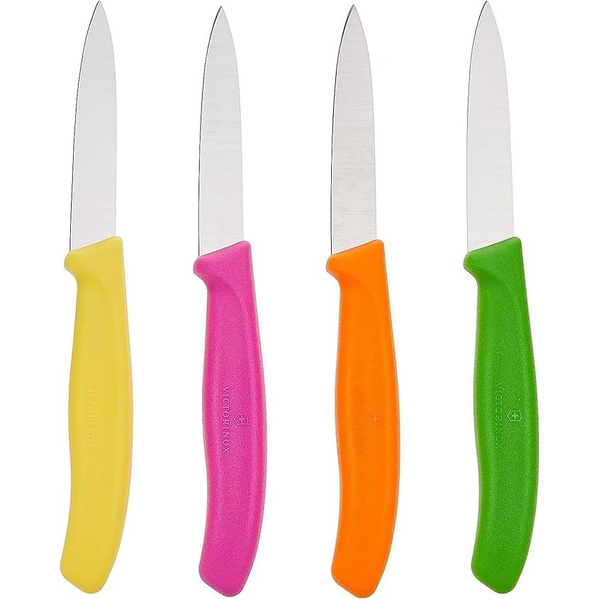 Upgrade your kitchen tools with the Victorinox Swiss Classic Paring Knife Set, a premium collection of knives made for precision cutting. This 4-piece set features knives with multicolored handles and 3-inch blades, perfect for a variety of kitchen tasks.