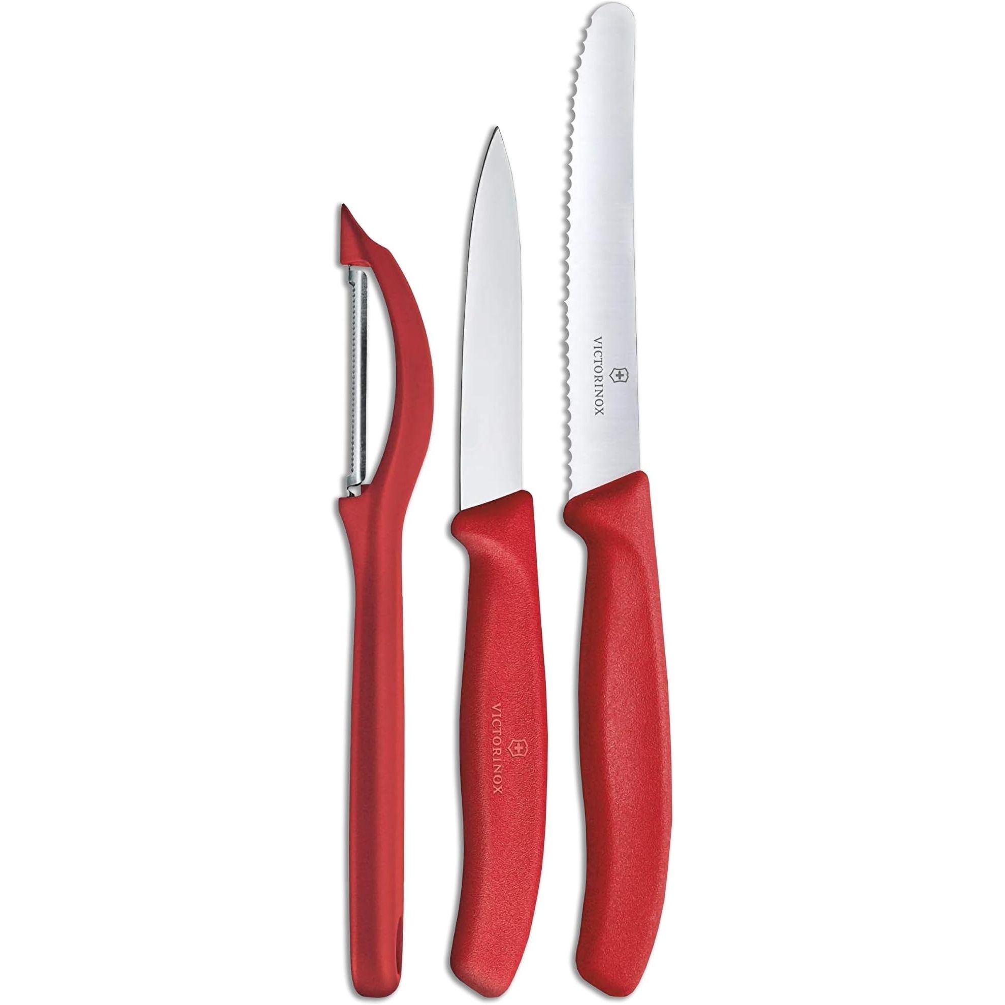 Upgrade your kitchen with the Victorinox Swiss Classic Set with Peeler, a vibrant red 3-piece paring knife set that is both stylish and functional. Crafted from high-quality stainless steel, these knives are sharp, durable, and easy to maintain, making them a must-have for any kitchen.