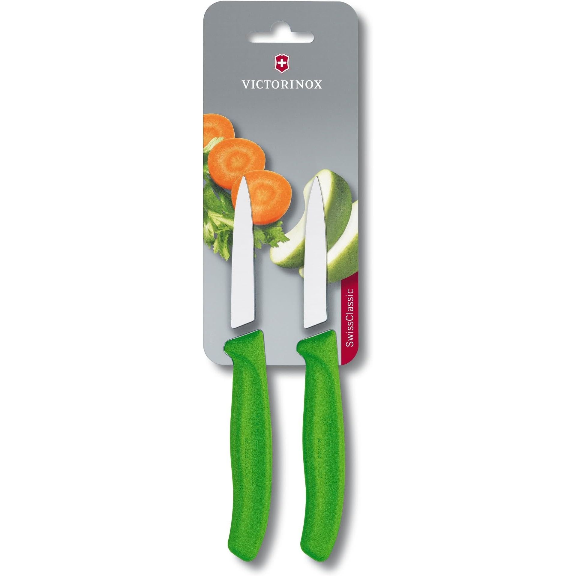 Experience precision cutting and slicing with the Victorinox Swiss Classic 2 Piece Paring Knife Set in Green. This set includes two versatile knives with straight edges and pointed tips, perfect for peeling, coring, and slicing fruits and vegetables with ease.