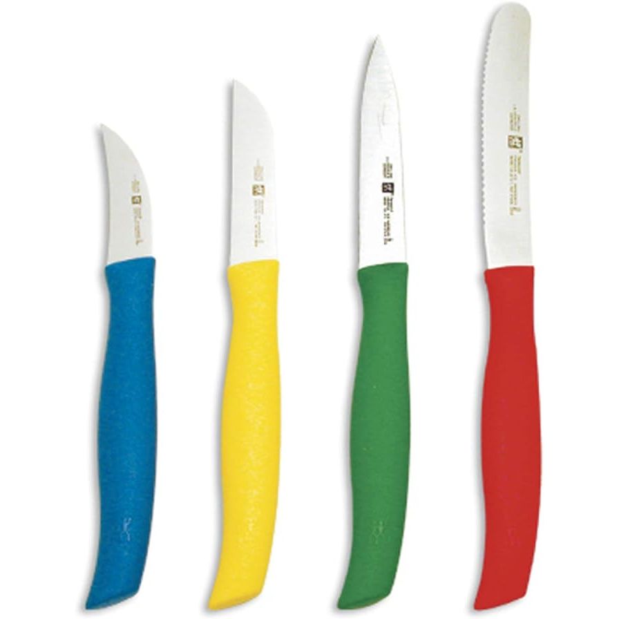 Enhance your kitchen experience with the Zwilling J.A. Henckels Twin Grip Colored Paring Knives Set. This high-quality set includes four 4-inch paring knives made from durable high carbon stainless steel, perfect for precise cutting tasks like peeling, trimming, and slicing fruits and vegetables with ease.