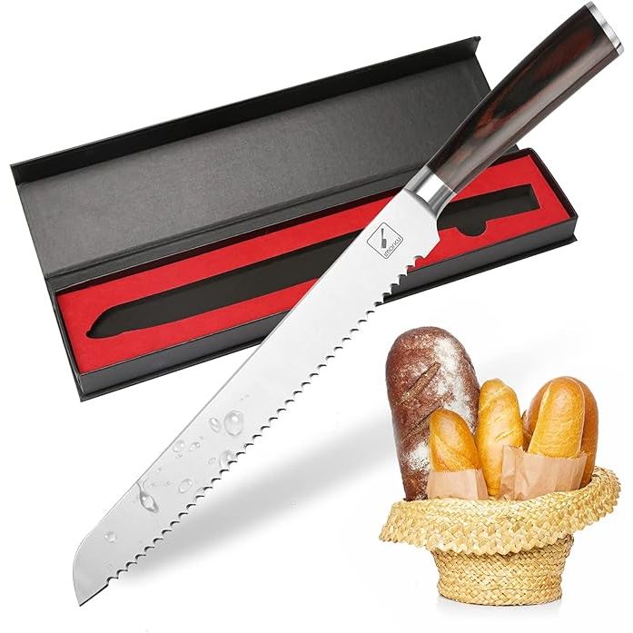 Crafted from top-of-the-range German high carbon stainless steel, the Imarku Bread Knife is a top-tier 10-inch blade that guarantees superior performance when it comes to slicing through bread. Its serrated edge ensures clean and precise cuts, making it a must-have tool for any bread lover or professional baker.