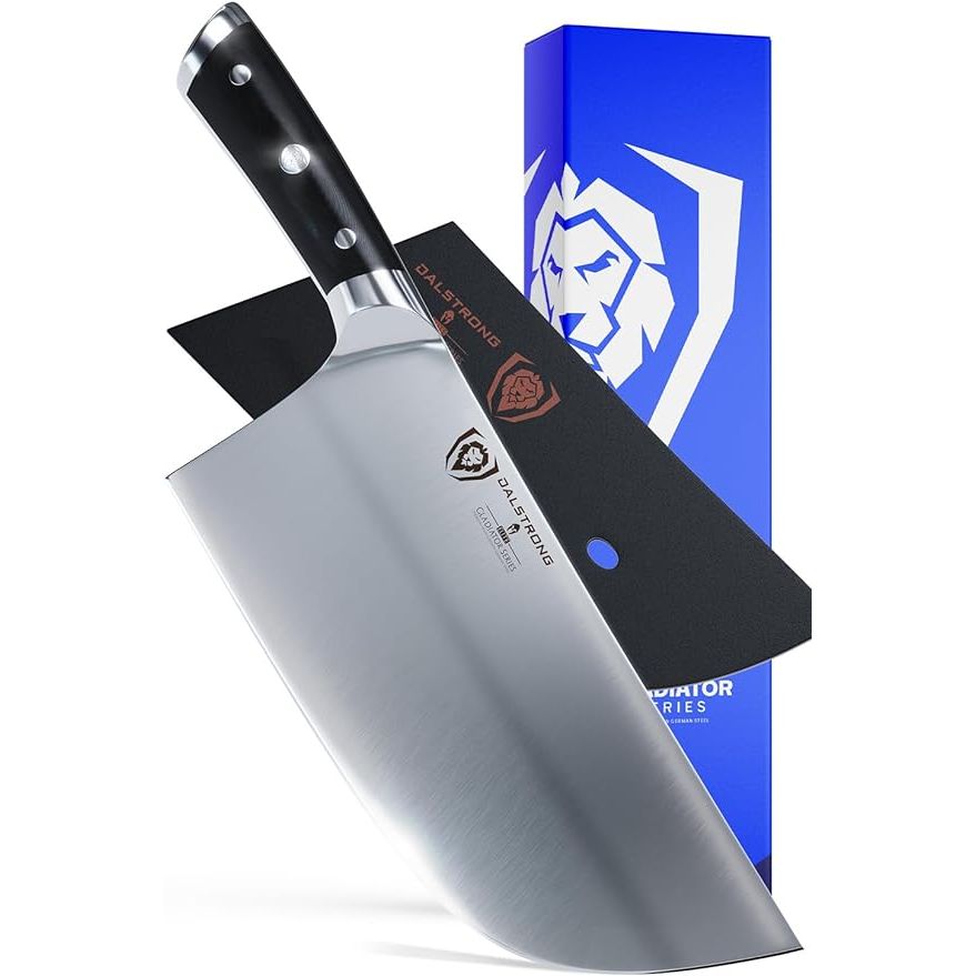 The Dalstrong Meat Cleaver Knife, also known as 'The Ravager', is a top-notch 9-inch butcher kitchen knife from the Gladiator Series. Crafted from high carbon German steel, this heavy-duty meat cleaver boasts a razor-sharp edge and a forged blade for exceptional durability and cutting performance.