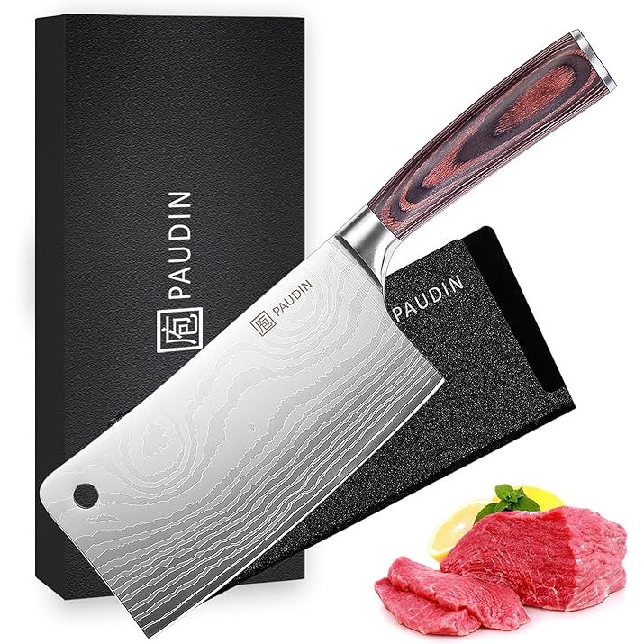 Experience the superior cutting power of the PAUDIN Cleaver Knife, a 7-inch chef's knife crafted from high carbon stainless steel for unparalleled durability and sharpness. This versatile knife is perfect for slicing meat and vegetables with precision, thanks to its ultra-sharp blade that maintains its edge through heavy use.