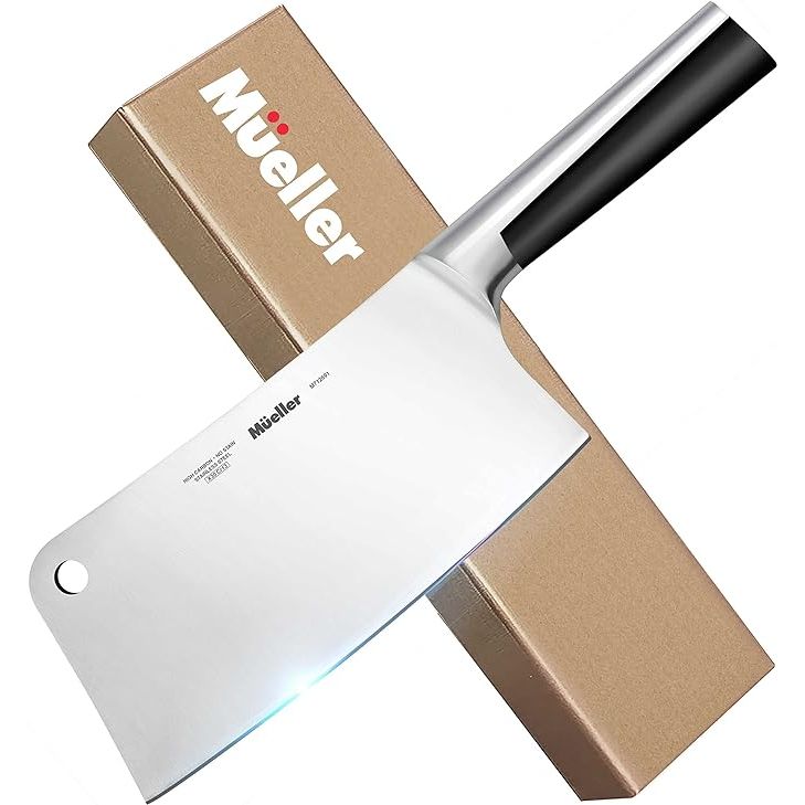 The Mueller 7-inch Meat Cleaver Knife is a top-of-the-line butchers chopper crafted from premium stainless steel. Perfect for both home cooks and professional chefs, this heavy-duty blade is a versatile tool that can handle large cuts of meat with ease.