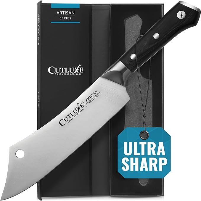 Experience the ultimate precision and control with the Cutluxe Cleaver Chef Knife, an 8-inch powerhouse designed for both professional chefs and home cooks. Crafted from high-quality German steel, this butcher knife is renowned for its durability and sharpness, allowing you to effortlessly slice through meat and vegetables with ease.