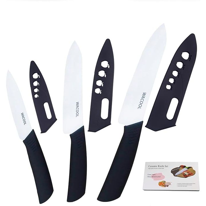 Elevate your kitchen arsenal with the WACOOL Ceramic Knife Set featuring a 6-inch Chef's Knife, 5-inch Utility Knife, and 4-inch Fruit Paring Knife. Crafted from top-grade ceramic material, these knives offer unparalleled sharpness and durability.