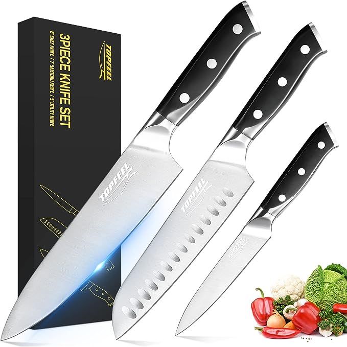 Upgrade your kitchen arsenal with the Topfeel Professional Chef Knife Set, crafted from German high carbon stainless steel for exceptional sharpness and durability. This set includes an 8 Chef's knife, a 7 Santoku knife, and a 5 utility knife, designed to meet all your kitchen needs with precision and ease.