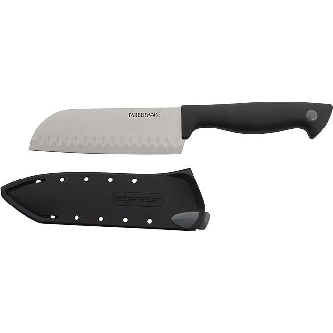 Crafted from high carbon-stainless steel, the Farberware Edgekeeper 5-Inch Santoku Knife boasts a self-sharpening blade cover that keeps its edge sharp with every use. This versatile tool is perfect for slicing, dicing, and mincing various ingredients, ensuring precise cuts every time.