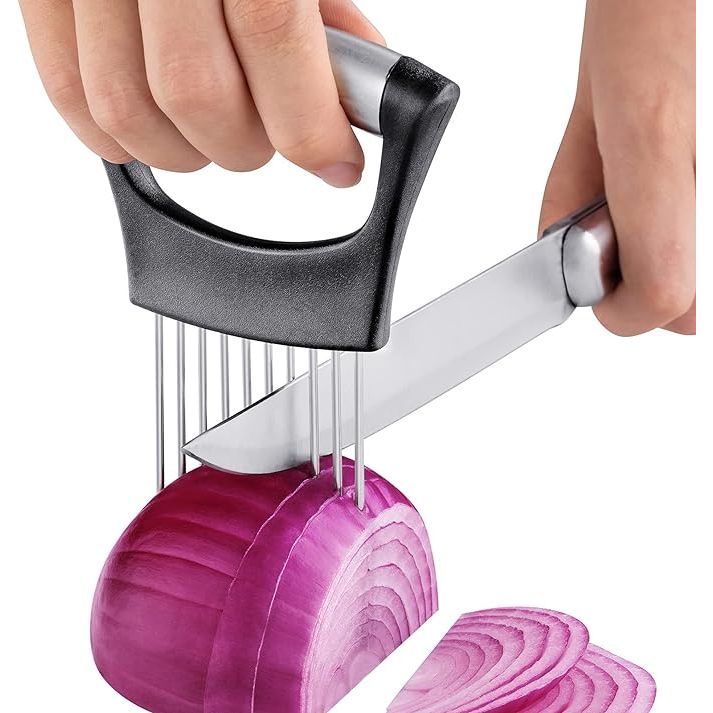 Make slicing, dicing, and cubing a breeze with the must-have Perfect Slice Onion Slicer. This handy kitchen gadget allows you to quickly achieve the desired cuts without the need for a bulky chopping machine. The 2.5-inch prongs ensure deep penetration, while the 0.16-inch gap between each prong guarantees uniform slices every time.