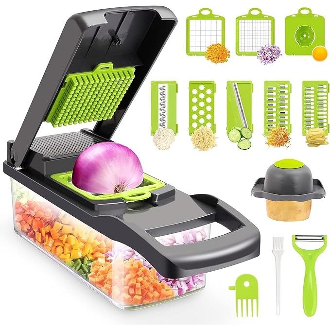 Simplify your meal prep with the Senbowe Multifunctional 13-in-1 Vegetable Chopper. This versatile kitchen tool comes with 8 stainless steel blades for easy slicing, dicing, and chopping of various vegetables. The included colander basket and container make it convenient to rinse and store your chopped veggies, reducing cleanup time.