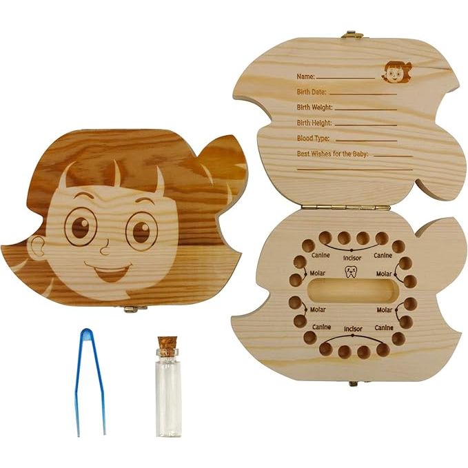 The Baby Tooth Fairy Keepsake Box is a special box designed to hold and store a child's baby teeth and first curls. This box is used as a place to keep these sentimental items safe and organized for years to come. Each box typically comes with compartments labeled for each tooth to easily keep track of which tooth belonged to which child.
