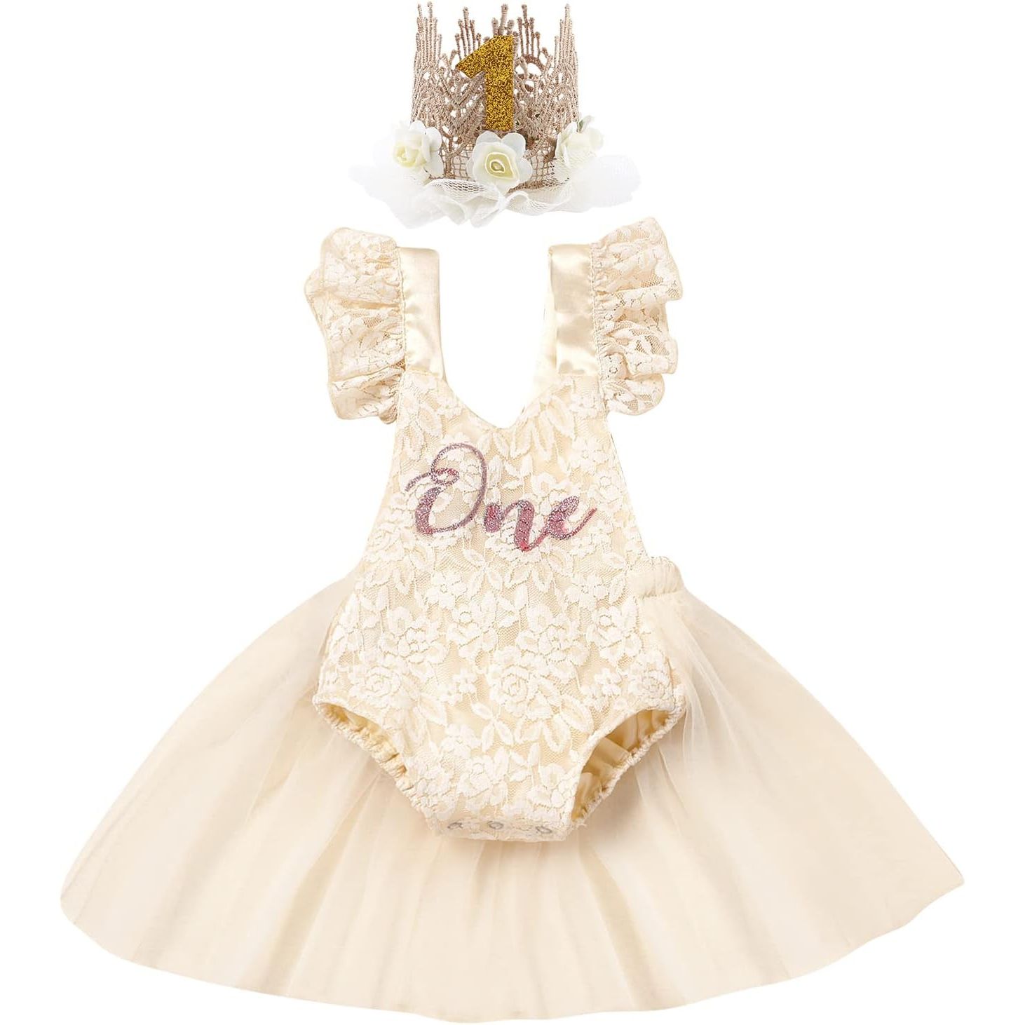 The Baby Girl 1st Birthday Outfit Lace Tulle Romper is a cute and stylish outfit perfect for celebrating your little one's first birthday. This outfit features a lace tulle romper with a tutu skirt, giving it a princess-like appearance. The romper is adorned with shiny embellishments and a "ONE" design, making it ideal for a cake smash photo shoot.