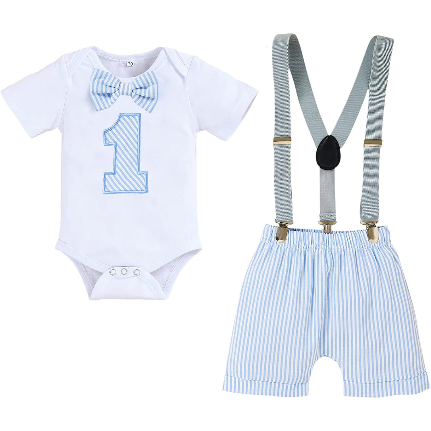 GRNSHTS is a brand that offers baby boy funny first birthday clothes, including infant boy bow tie romper bodysuits and cake smash outfits. These adorable and practical outfits are perfect for celebrating your little one's special milestone in style. The rompers feature cute and humorous designs, making them both festive and fun for the occasion.