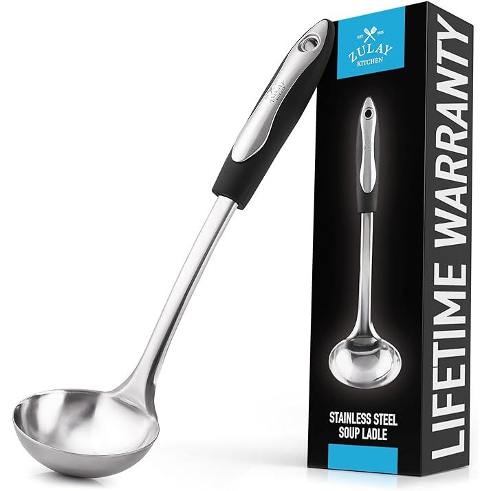 The Zulay Kitchen 12 inch Stainless Steel Soup Ladle is a reliable and long-lasting kitchen essential perfect for serving soups, gravies, and sauces. Crafted from high-quality stainless steel, this ladle is resistant to tarnishing, rust, and corrosion, ensuring it remains in top condition for years to come.