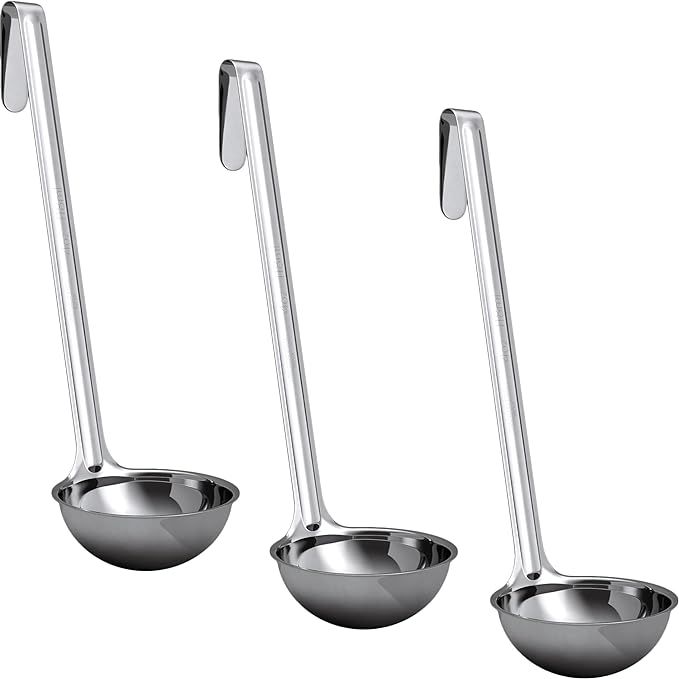 The Super Sturdy, Ergonomic 4 Oz. Soup Ladle 3 Pack offers a trio of stainless steel ladles designed for stirring, portioning, and serving soups, chili, and stew with ease. Perfect for both restaurant and home use, these ladles are built to last and feature an ergonomic design for comfortable extended use. Each ladle in the pack holds 4 oz.