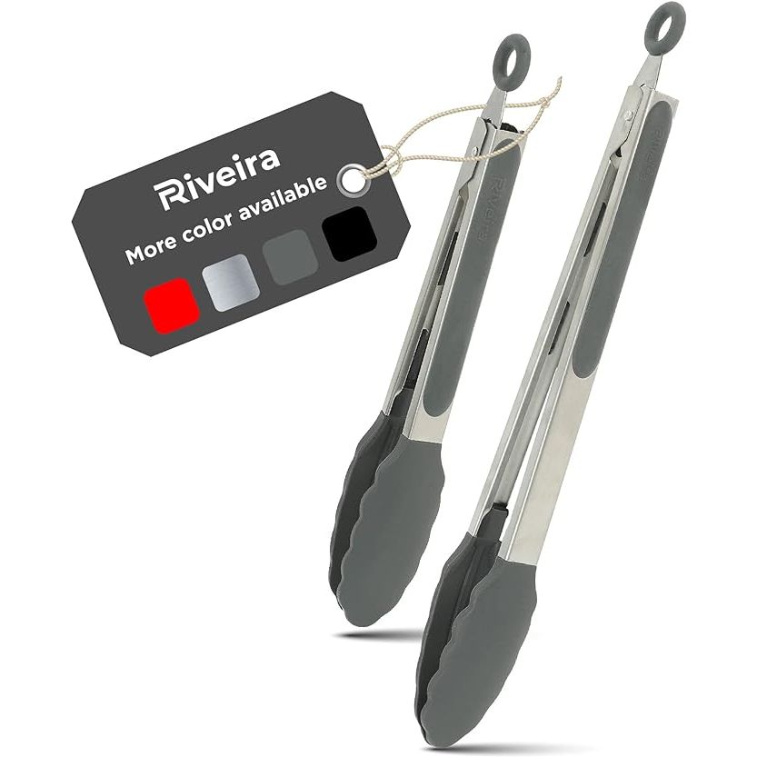 Upgrade your cooking and grilling game with the Riveira Grey Tongs for Cooking. This set of two kitchen essentials comes in both 9 and 12-inch sizes, catering to your various culinary needs. The non-stick silicone tips provide a secure grip on food without causing any damage to your cookware or grill surfaces.