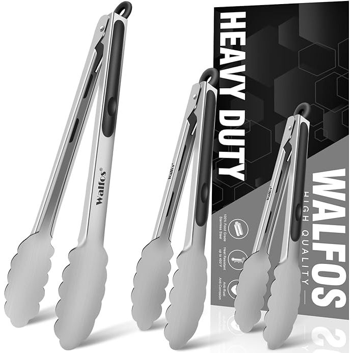 Upgrade your kitchen utensil collection with this set of Food Grade Stainless Steel Kitchen Tongs for Cooking, BBQ. This set of 3 tongs in varying sizes of 7, 9, and 12 inches caters to all your cooking needs. Crafted from durable and high-quality food grade stainless steel, these tongs are the perfect combination of functionality and style.