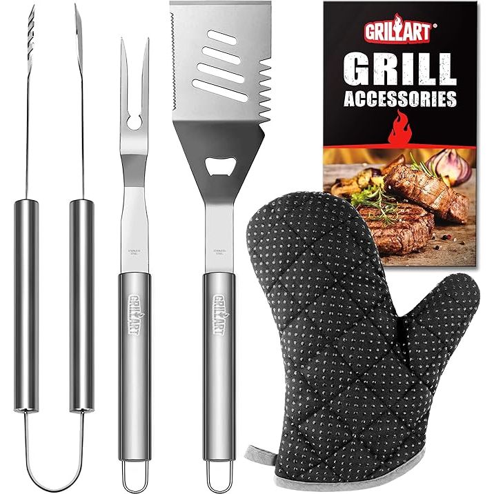 Upgrade your BBQ game with the GRILLART Grill Tools Utensils Set. This 3-piece set includes a spatula, tongs, fork, and an insulated glove for ultimate grilling convenience. Crafted from top-quality stainless steel, these tools are built to last and help you grill like a pro.