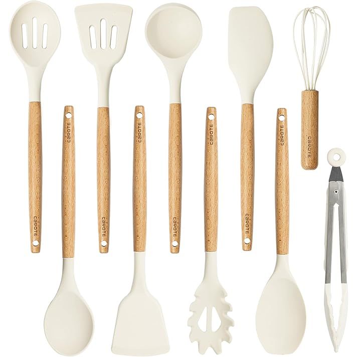 Enhance your cooking experience with the CAROTE Silicon Cooking Utensils Set, a 10-piece kit designed for everyday kitchen use. Crafted from durable silicon that can withstand temperatures up to 446°F, these utensils are safe for use with hot cookware. Each utensil features a sleek wooden handle, offering both comfort and style while cooking.