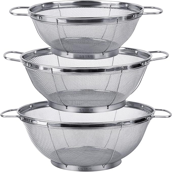 The 3 Pack 18/8 Stainless Steel Colander Sieves includes three different size options: a 5-quart, 4-quart, and 3-quart colander. Each sieve is made of high-quality stainless steel, known for its durability and resistance to rust and corrosion.