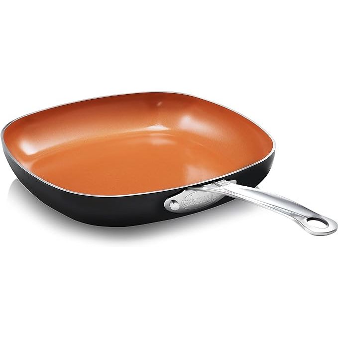 Enhance your cooking experience with the Gotham Steel Copper Square Shallow Pan featuring a Super Nonstick Ti-Cerama Coating. This 9.5-inch frying pan is perfect for daily cooking tasks, thanks to its durable copper construction that ensures even heat distribution for consistent results every time.