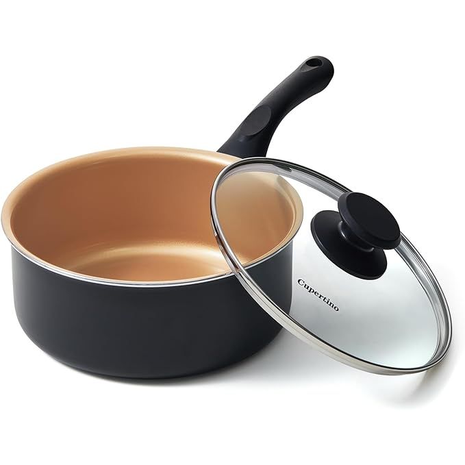 Experience the convenience and quality of the Cupertino 2 Quart Saucepan with Lid. This high-quality copper pot is perfect for cooking small meals and sauces, with a non-stick surface that ensures easy cleaning and maintenance.