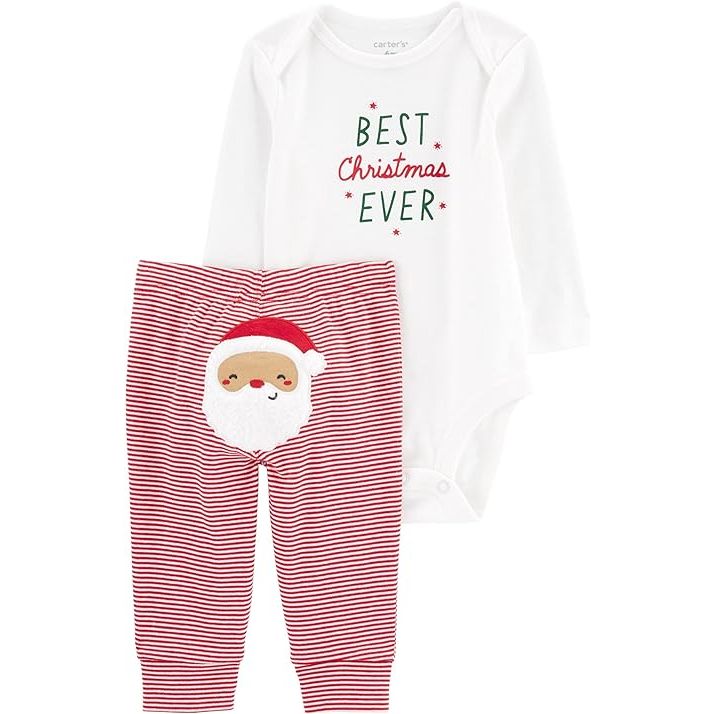 Carter's Winter Holiday 2-Piece Christmas My First Visit from Santa Bodysuit and Striped Pants with Embroidered Reindeer Set is a festive outfit for babies celebrating their first Christmas. The set includes a long-sleeve bodysuit featuring an adorable "My First Visit from Santa" graphic, perfect for capturing those special holiday moments.