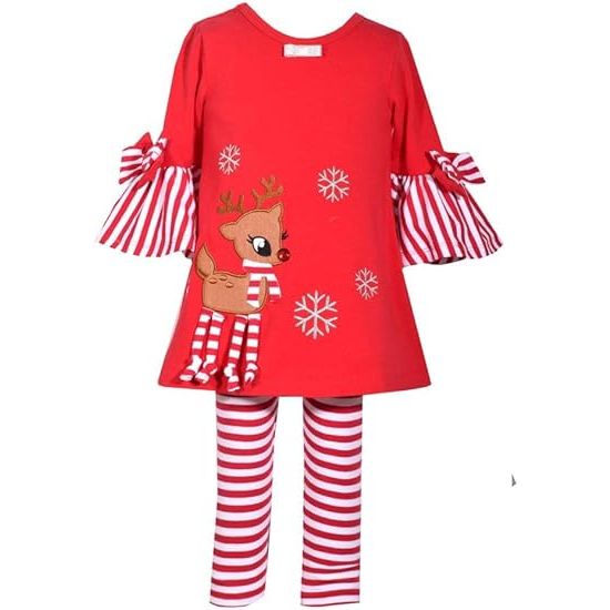 The Bonnie Jean Holiday Christmas Tunic with Reindeer Applique Outfit Set is a festive and adorable outfit perfect for the holiday season. The set includes a long-sleeve tunic with a cute reindeer applique on the front, along with coordinating leggings or pants to complete the look.