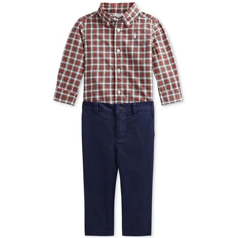 The Polo Ralph Lauren Baby Boys Plaid Shirt & Twill Pants Set in size 3 months is a stylish and comfortable outfit for your little one. The set includes a long-sleeve plaid shirt and twill pants that are perfect for any occasion.