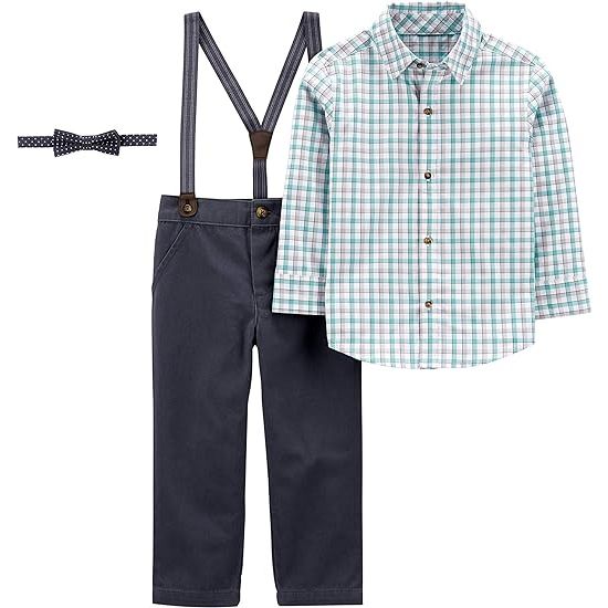 The Simple Joys by Carter's Toddlers and Baby Boys' 4-Piece Special Occasion Bow-tie and Suspender Pants Set is a stylish and adorable outfit for young boys. The set includes a button-down dress shirt, a pair of suspenders, a bow-tie, and a pair of pants.