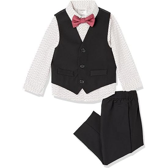 The Calvin Klein Baby Boys' 4-Piece Formal Set is a stylish and adorable outfit for your little one. The set includes a white dress shirt with a classic collar and a pre-tied bow tie for a polished look. The suit vest adds a touch of sophistication, while the dress pants complete the formal ensemble.