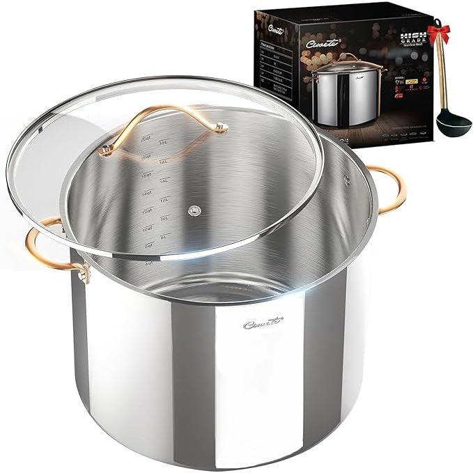 The Ciwete 20 QT Stock Pot is a top-notch kitchen essential crafted from high-quality 3-ply stainless steel with a generous 20-quart capacity. Its ergonomic design includes a copper handle for easy maneuvering and comfortable handling.