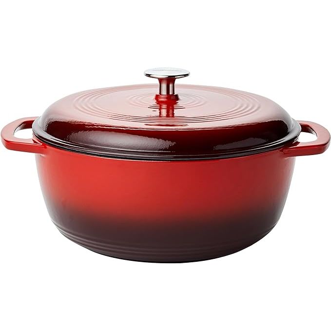 The Amazon Basics Enameled Cast Iron Dutch Oven is a stylish and practical addition to any kitchen, offering a 6-quart capacity for cooking a variety of dishes. Made of durable cast iron with an enamel coating, this round pot is perfect for slow-cooking, braising, and simmering.