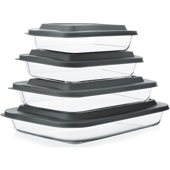 Upgrade your kitchen with the 8-Piece Deep Glass Baking Dish Set with Plastic lids. This versatile set includes four rectangular glass baking dishes with matching lids, perfect for storing leftovers or transporting dishes on the go. The deep design allows for easy layering of lasagna, casseroles, and more, making it a must-have for any home cook.