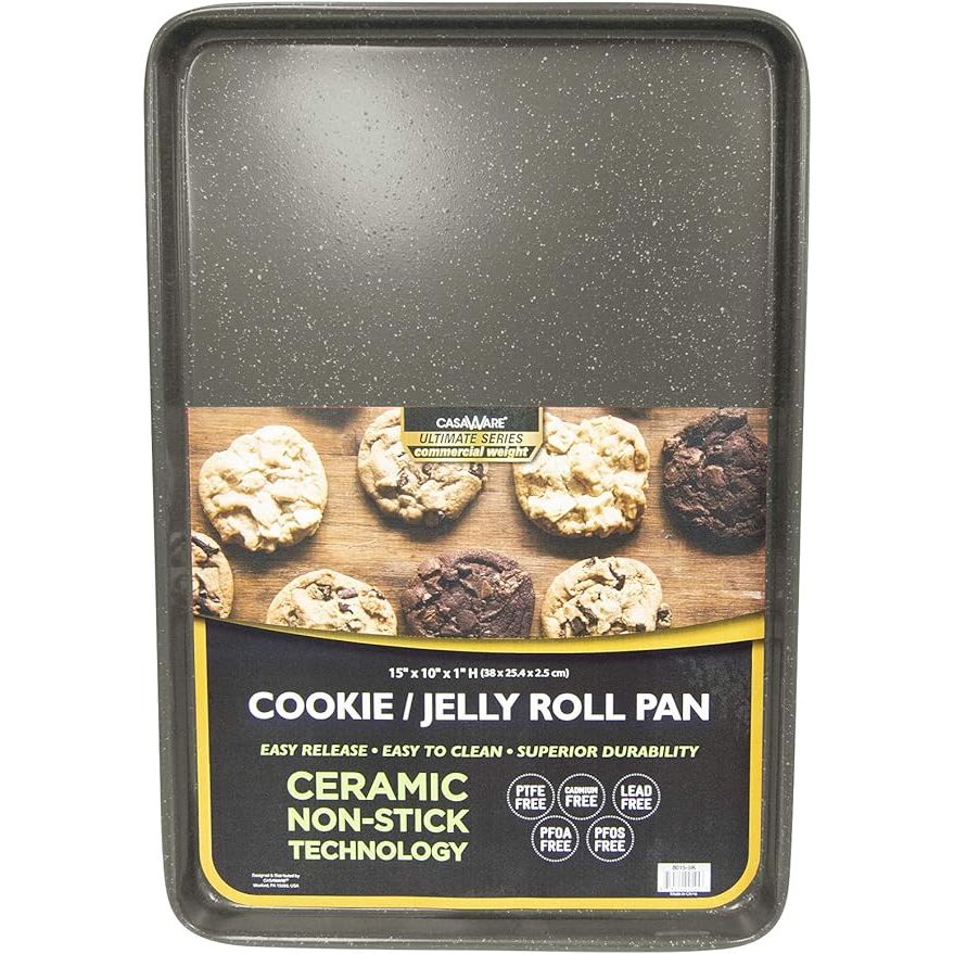 Introducing our heavy-duty cookie/jelly roll pan, designed to handle high temperatures without warping. The 0.8mm weight ensures durability and reliability in the kitchen, while the sleek silver granite ceramic coating offers both style and functionality. Enjoy hassle-free baking with this easy release surface that makes baking a breeze.