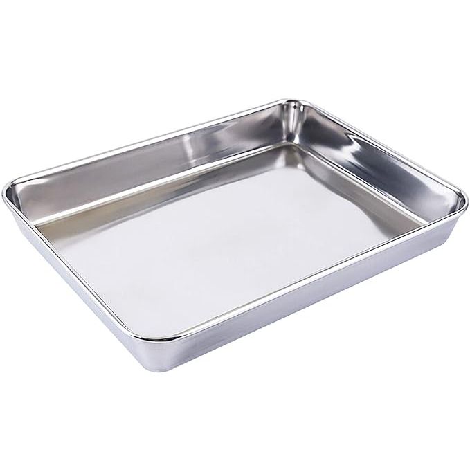 Upgrade your kitchen with this heavy-duty stainless steel baking pan, measuring 16.2x12.6x2.4 inches. Its deep edge design makes it perfect for baking sheet pan dinners, cookies, and pastries, while the superior mirror finish ensures easy release of baked goods. The pan is also dishwasher safe, providing effortless cleanup after each use.