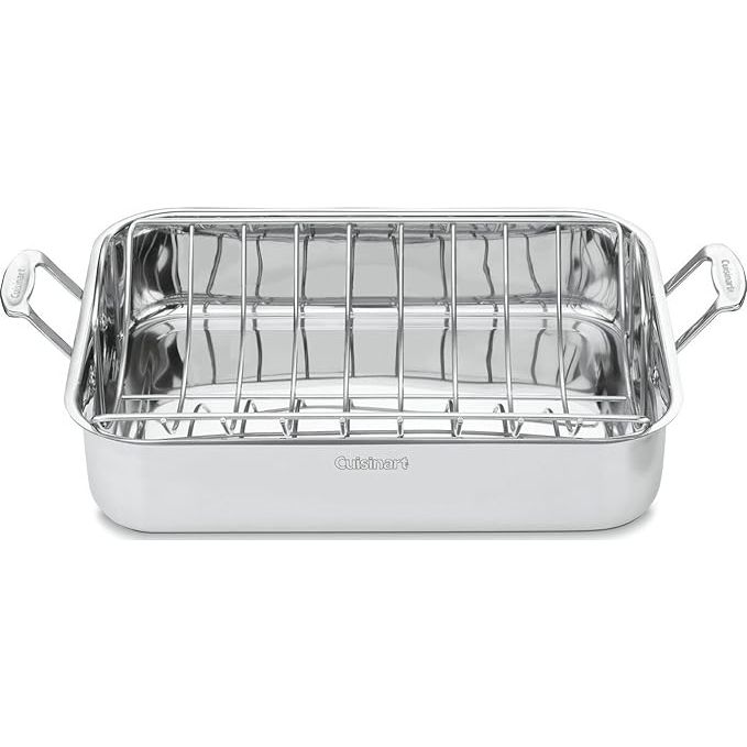 The Cuisinart 16-Inch Roaster is a must-have cookware piece for anyone who loves roasting meats and vegetables. Made from high-quality stainless steel, this durable roaster ensures even heat distribution for perfect cooking every time. With its generous 16-inch length, it's perfect for handling large cuts of meat or poultry.