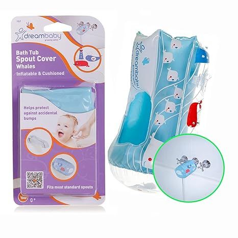 The Dreambaby Inflatable Bathtub Spout Cover is designed to protect babies and young children from bumping into the bathtub faucet or shower knob. Made from soft, inflatable material, this spout cover is designed to fit most standard bathtub faucets and shower knobs, providing a cushioned barrier between your child and potential bumps and bruises.