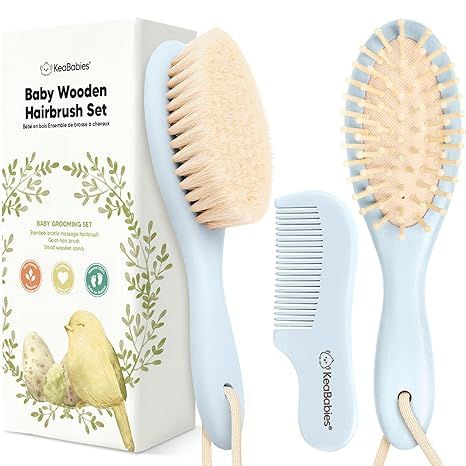 The Baby Hair Brush and Comb Set for Newborn is a grooming essential designed specifically for delicate baby hair and scalp. This set includes a wooden baby hair brush with soft goat bristle and a comb, perfect for gently detangling and styling your baby's hair.