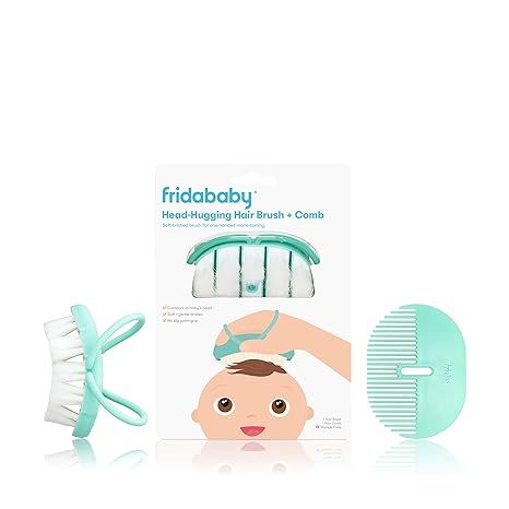 The Frida Baby Infant Head-Hugging Hairbrush + Styling Comb Set is a grooming set designed specifically for babies. It includes a soft hairbrush with nylon bristles that are gentle on a baby's delicate scalp, and a styling comb for fine-tuning hairdos.