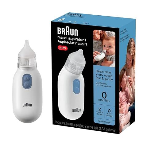 The Braun Electric Nasal Aspirator is a handy tool designed to safely and effectively clear your newborn, baby, or toddler's nasal passages. It features a gentle suction mechanism that helps remove stubborn mucus from their nose, providing quick relief from congestion and allowing them to breathe easier.