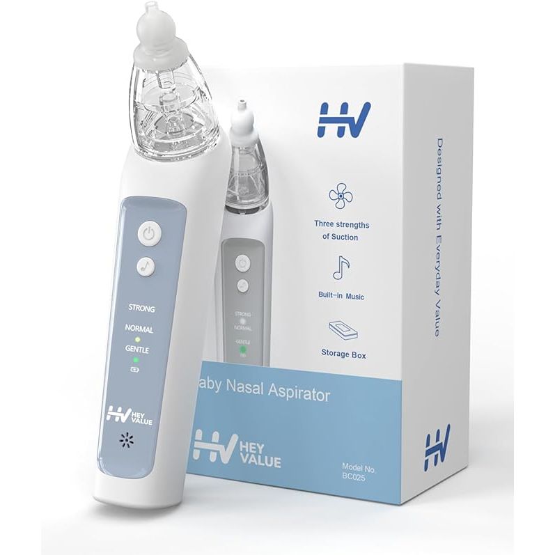 The HEYVALUE Nasal Aspirator for Baby is an electric device designed to effectively clear a baby's nasal passages. It features three different sizes of silicone tips to accommodate babies of different ages and sizes.