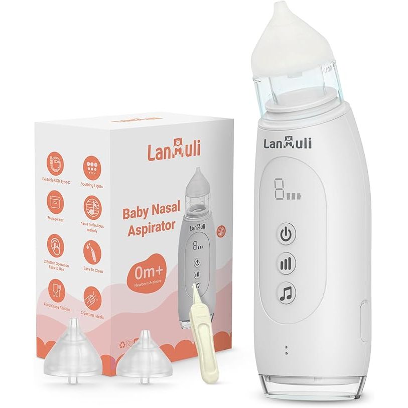 The LANMULI Hospital-Grade Nasal Aspirator is a convenient and efficient tool for clearing your baby's nasal passages. This automatic toddler nose sucker features adjustable suction levels, allowing you to customize the strength to suit your child's needs.