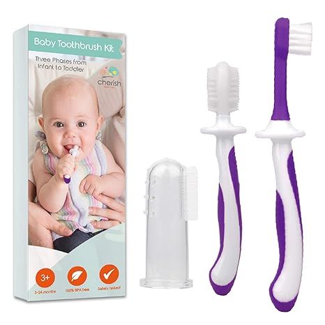 The Cherish Baby Care Award-Winning Baby Toothbrush Set is designed for babies aged 3-24 months. The set includes three different toothbrushes to cater to your baby's changing needs: a baby finger toothbrush, a training toothbrush, and a toddler toothbrush.