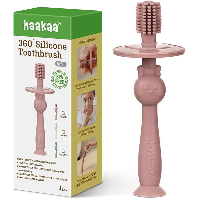 The Haakaa 360° Baby Toothbrush is designed for gentle cleaning and self-brushing training for infants. Made from food-grade silicone, it is safe for babies to chew on and contains no harsh chemicals. The toothbrush features a suction base for secure placement on surfaces, making it easy for babies to use independently.